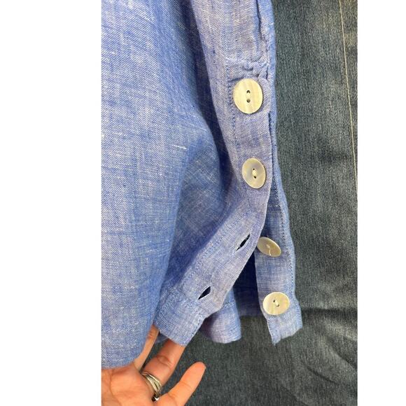 Tahari Womens 1X Blue/White V Neck 100%Linen Accent Buttons 3/4 Sleeves Hobo - Picture 7 of 8